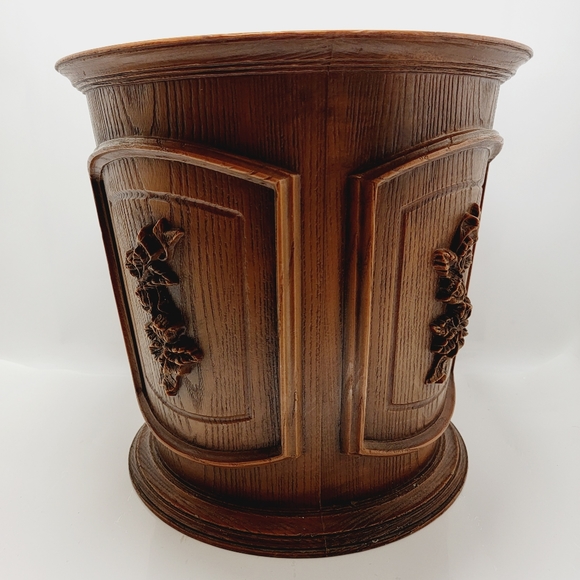Vtg Max Klein Faux Wood Rose Plastic TrashCan Waste Basket Planter Pot Brown MCM - Picture 3 of 10